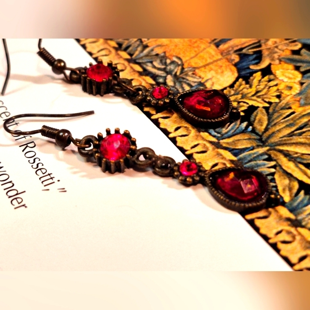 Romantic Red Rhinestone Earrings with Intricate Metalwork